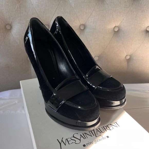 Yves Saint Laurent Black velvet, Black patent leather Jeanne Platform Loafers